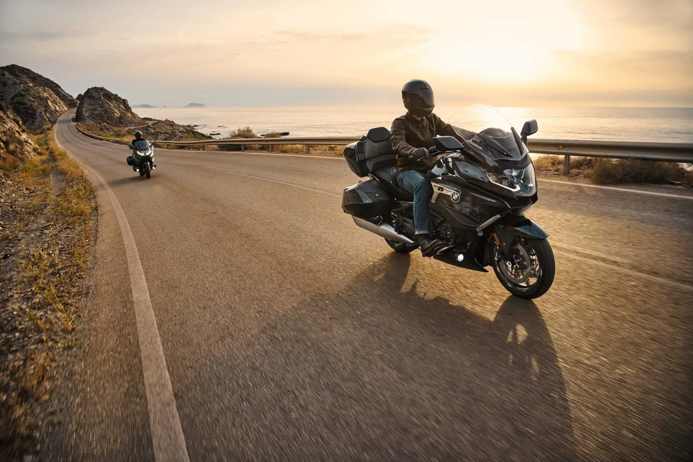 Two BMW K 1600 GT motorcycles riding in Northern California.