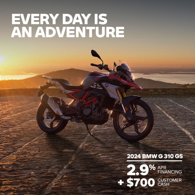 Gear up for your next journey with 2.9% APR EasyRide financing plus
$700 customer cash on a 2024 G 310 GS. Come test ride today! 🏍️ 
#BMWMotorradUSA #MakeLifeARide #SpiritofGS #NorCalBMWMotorrad